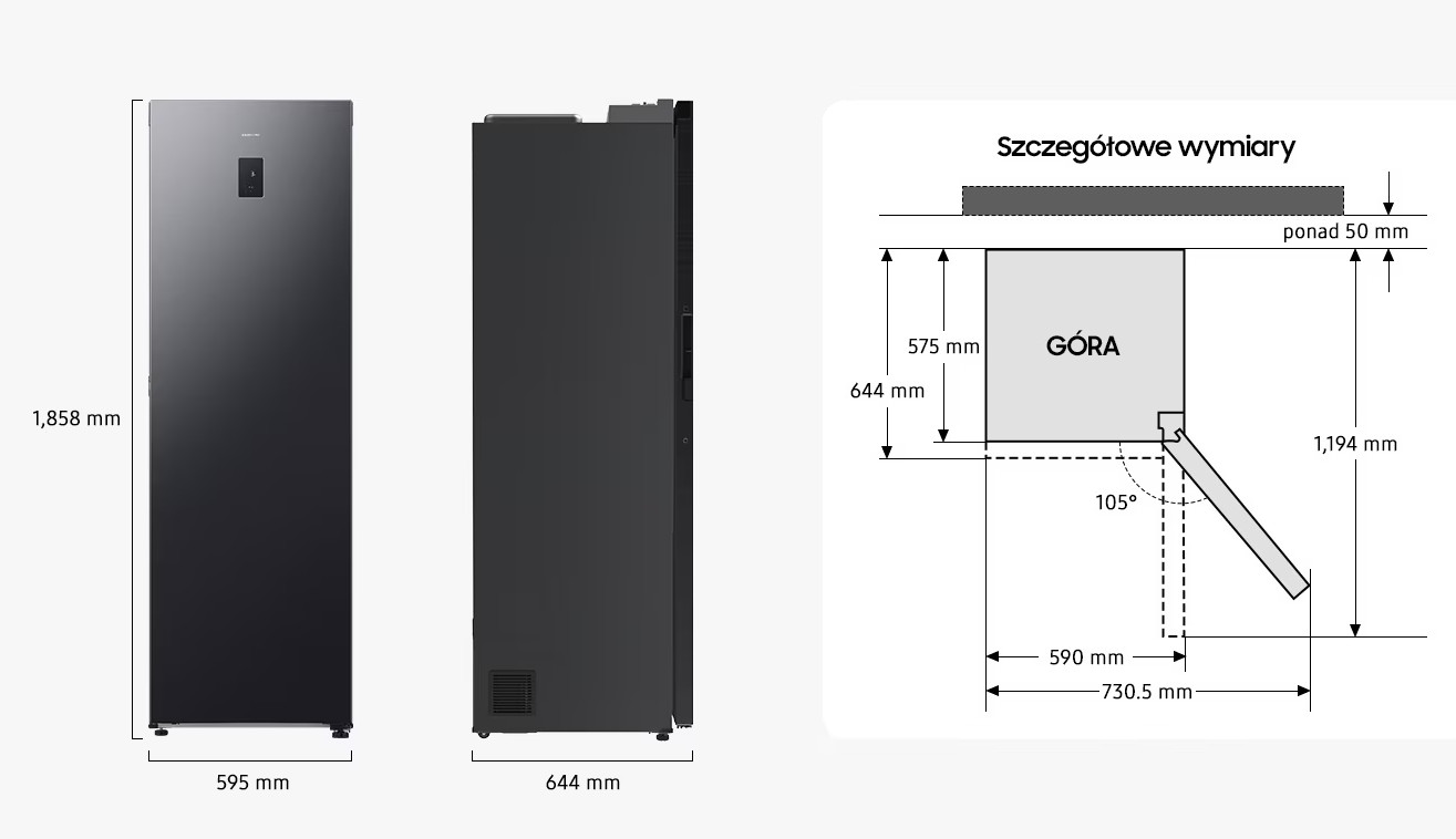 Czarna lodówka o wymiarach 1858x595x644mm i rysunek techniczny.
