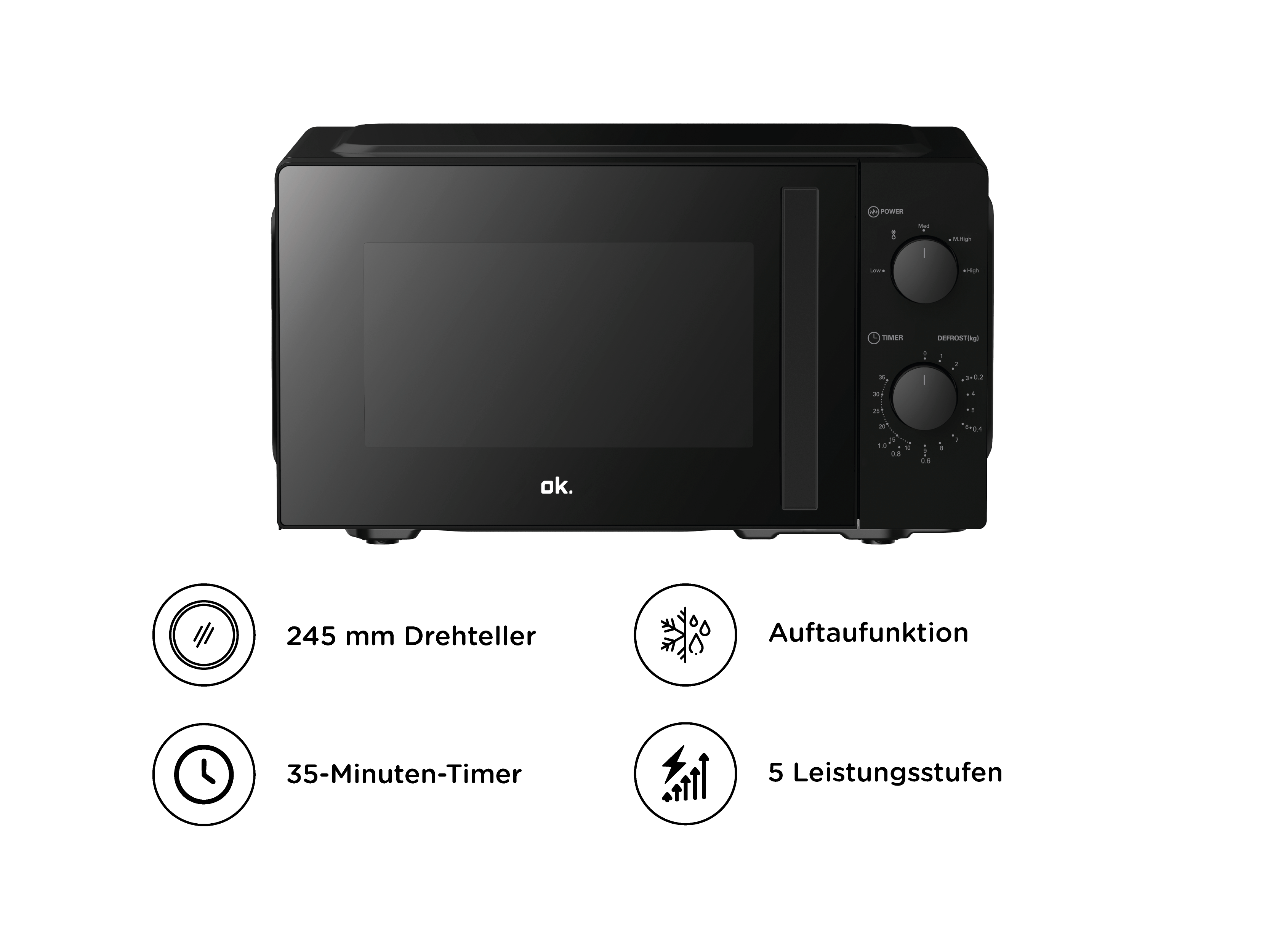 Schwarze Mikrowelle mit Drehknopf für Leistung, Timer und Auftauen. 245mm Drehteller.