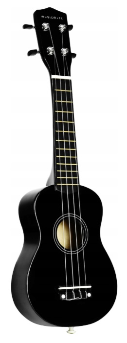 Czarna ukulele ze strunami i kluczami, na białym tle.