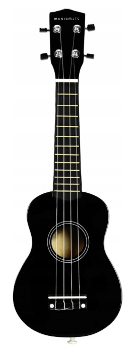 Czarna ukulele z czterema strunami i srebrnymi kluczami strojeniowymi na białym tle.