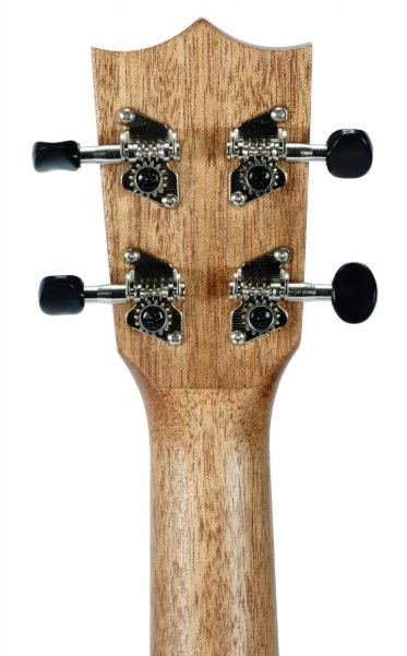 Drewniana główka ukulele z czterema czarnymi kluczami i metalowym mechanizmem.