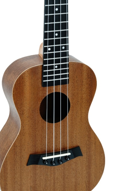 Brązowa ukulele z czarnymi strunami, mostkiem i podstrunnicą.