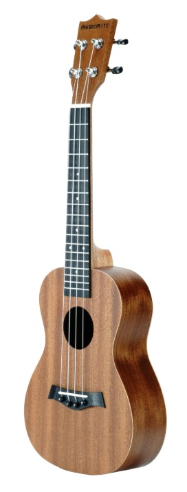 Brązowa ukulele z czterema strunami i czarnymi kluczami strojeniowymi na białym tle.