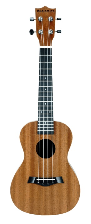 Brązowa ukulele z czterema strunami, czarną rozetą i srebrnymi kluczami.