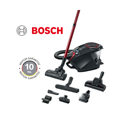 Kırmızı saplı siyah Bosch elektrikli süpürge ve çeşitli aparatlar.