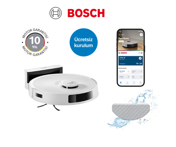 Bosch logosu, robot süpürge, şarj istasyonu, mobil uygulama, suyla gelen paspas aparatı.