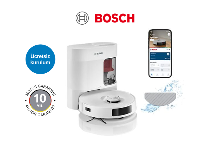 Şarj istasyonu, uygulama ve paspası olan beyaz Bosch robot süpürge.