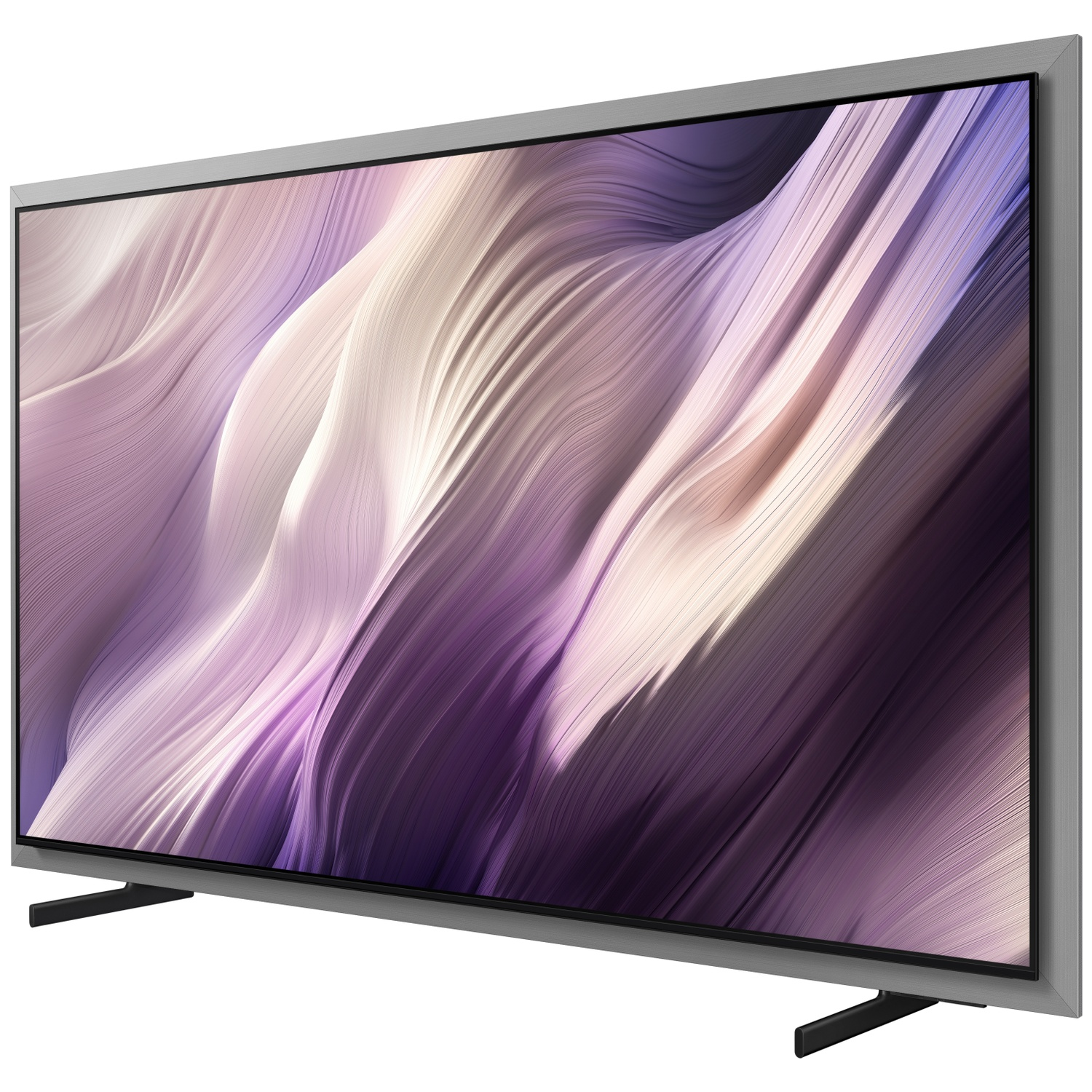 A modern flat-screen TV displaying an abstract, flowing pattern in shades of purple and beige.