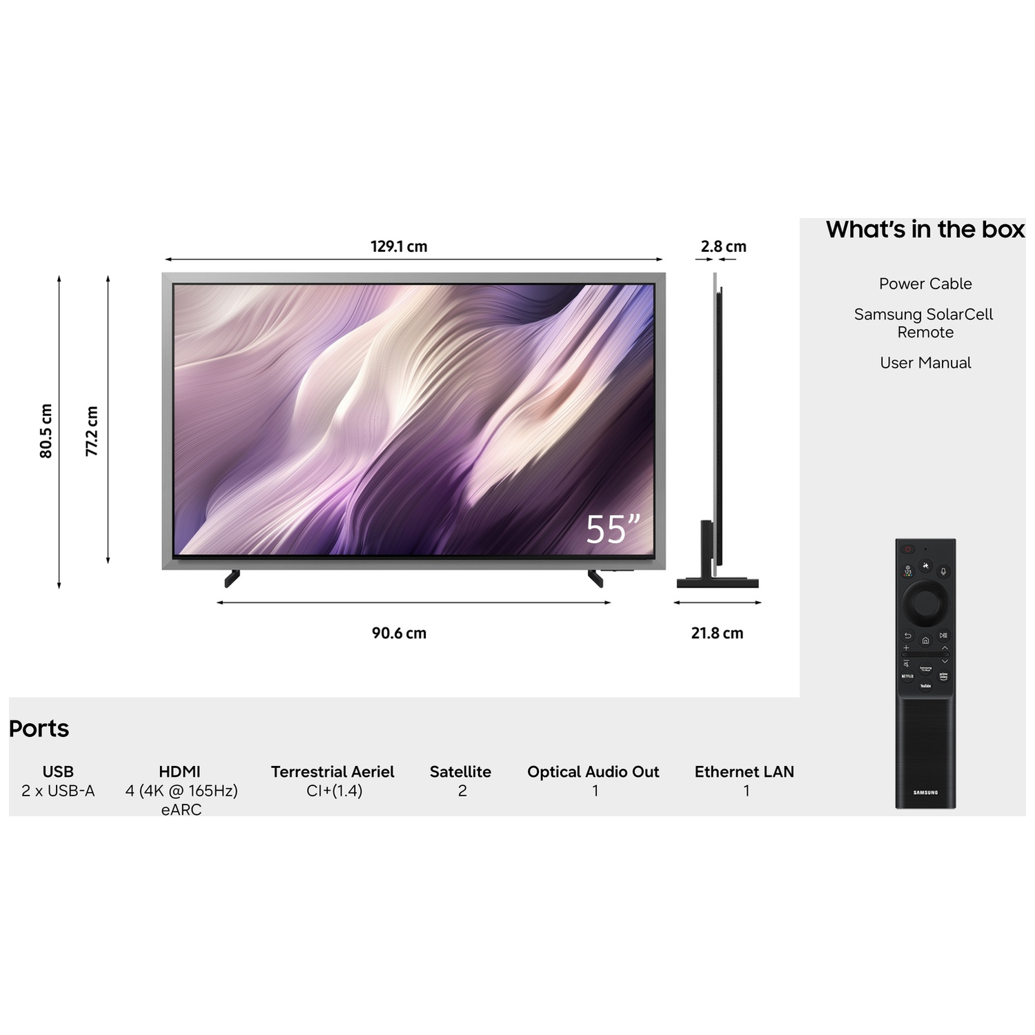 A 55-inch Samsung TV with remote and ports, showing dimensions.