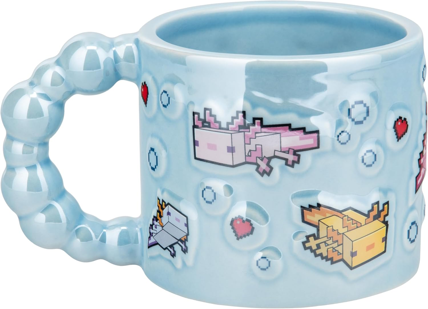Világoskék bögre Minecraft axolotl mintákkal és buborék textúrával.