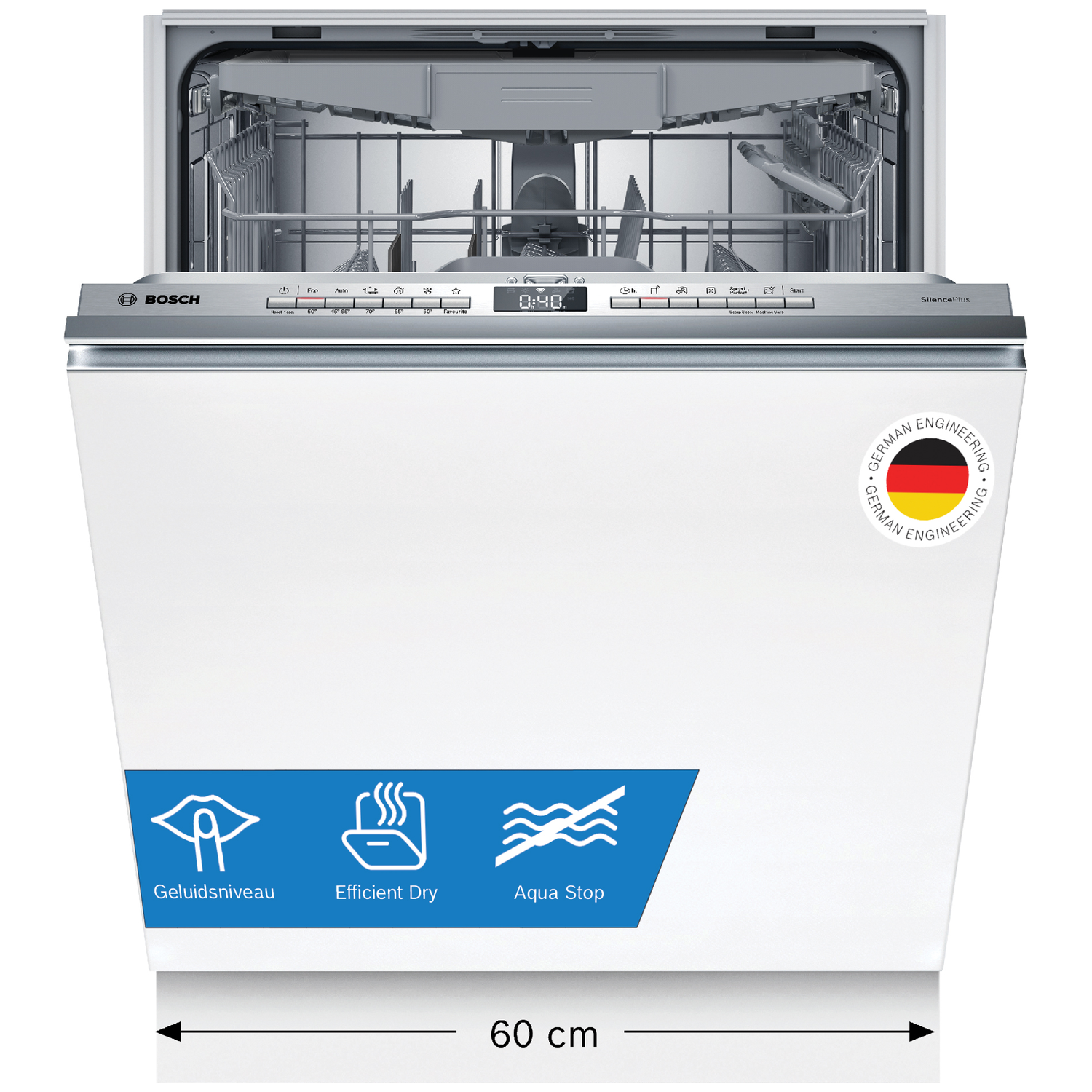Open witte Bosch vaatwasser met display en iconen voor geluid, drogen en waterbeveiliging.