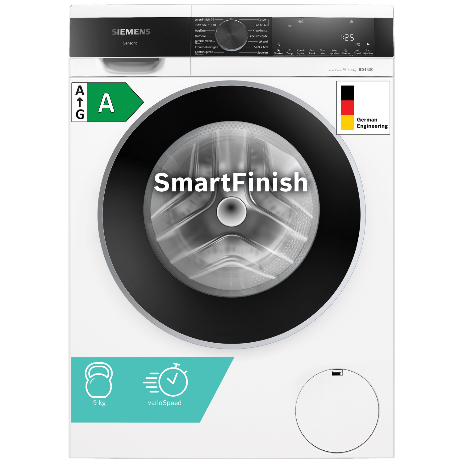 White Siemens washing machine with digital display and energy efficiency label A.