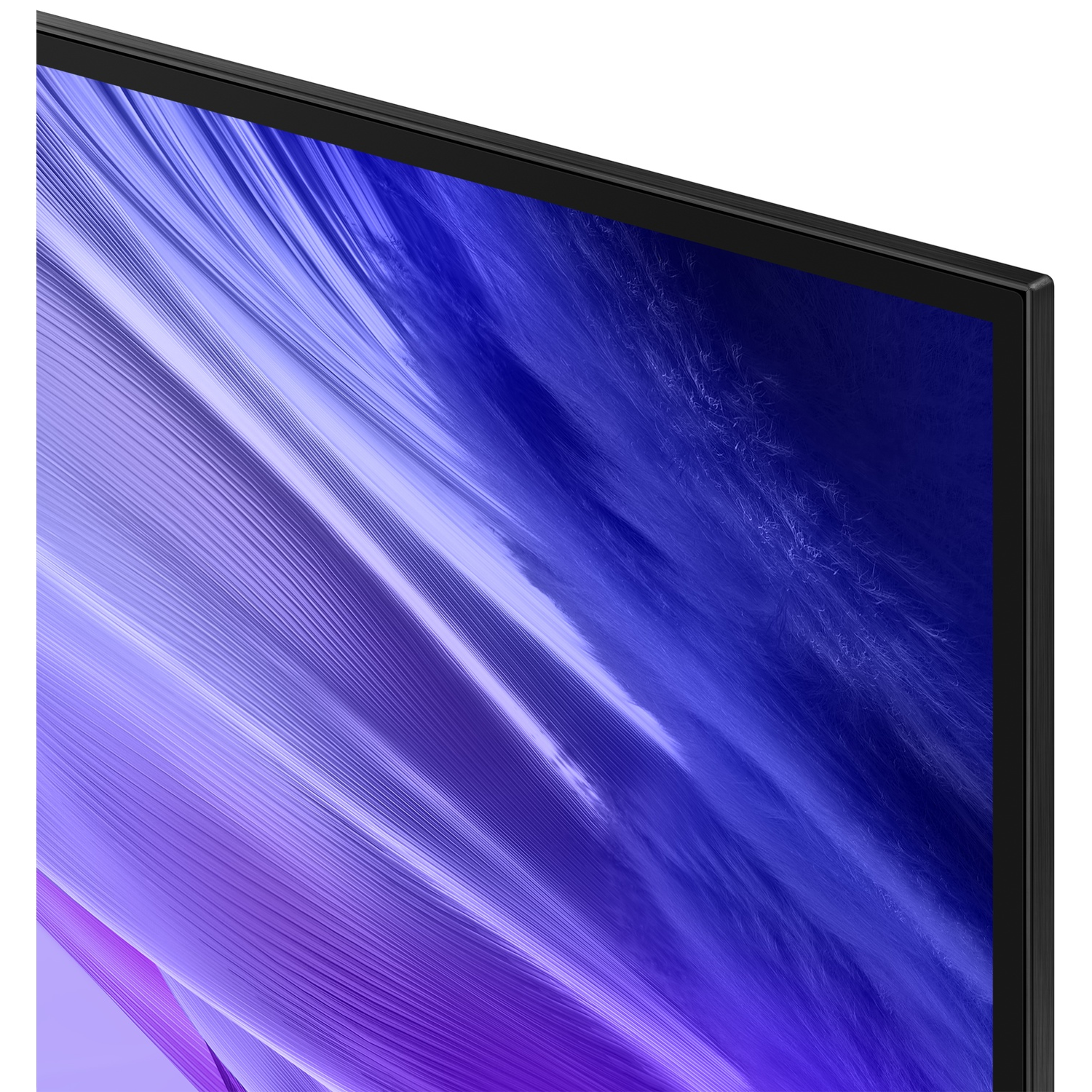 A black TV screen displaying an abstract image of purple and blue lines.