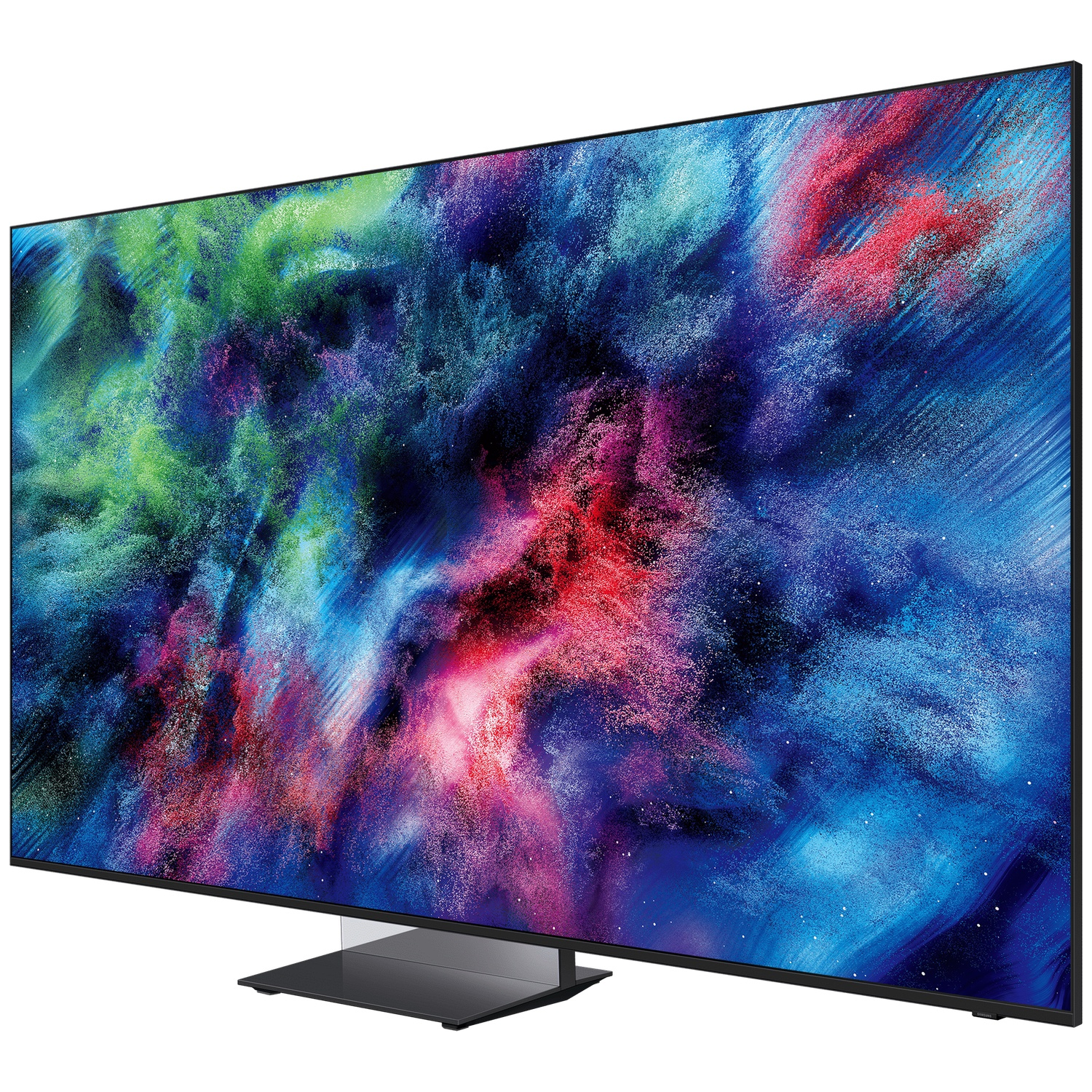 A modern TV displays an abstract image of swirling blue, green, and red colors.