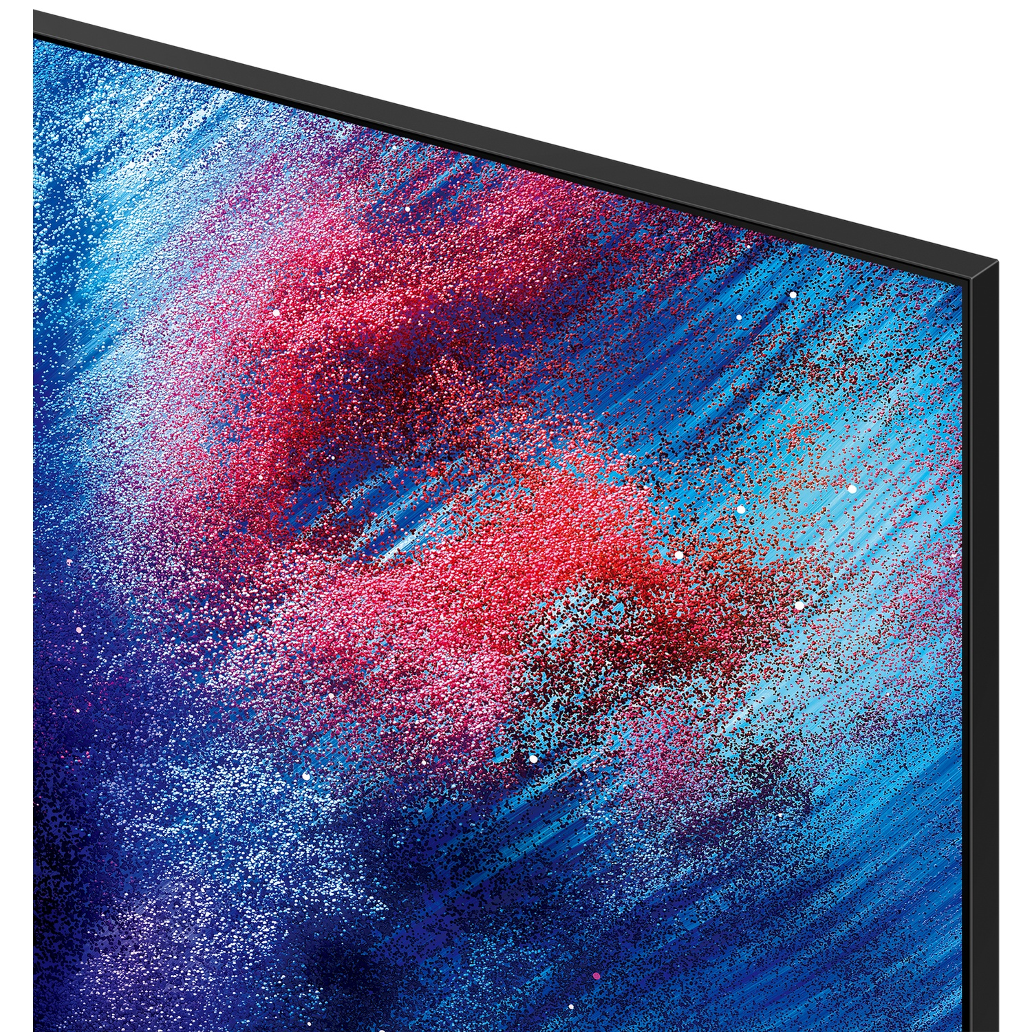 Abstract blue and red particles on a dark background.