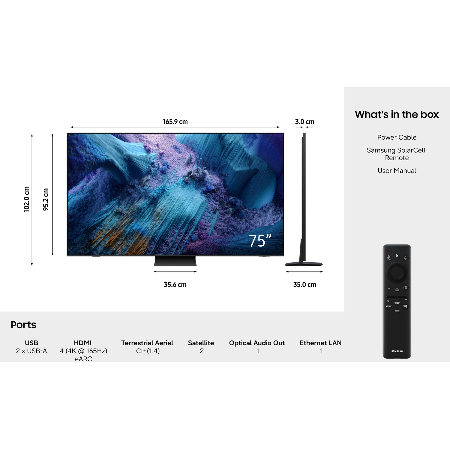 75-inch TV with dimensions, ports, and remote control included.
