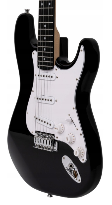 Czarna gitara elektryczna z białym pickguardem i srebrnymi strunami.