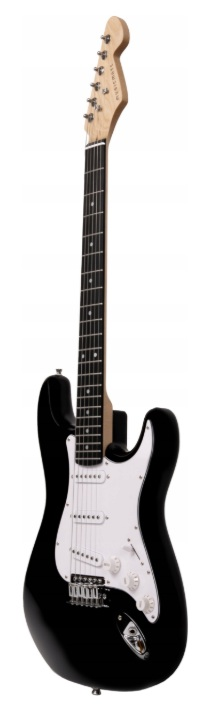 Czarna gitara elektryczna z białym pickguardem i chromowanym osprzętem stoi pionowo.