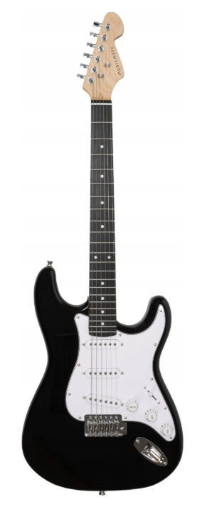 Czarna gitara elektryczna z białym pickguardem i srebrnym osprzętem.