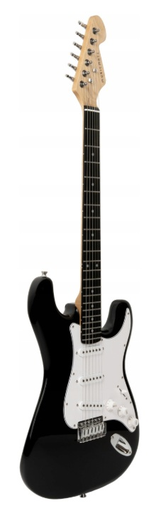 Czarna gitara elektryczna z białym pickguardem i srebrnym osprzętem.