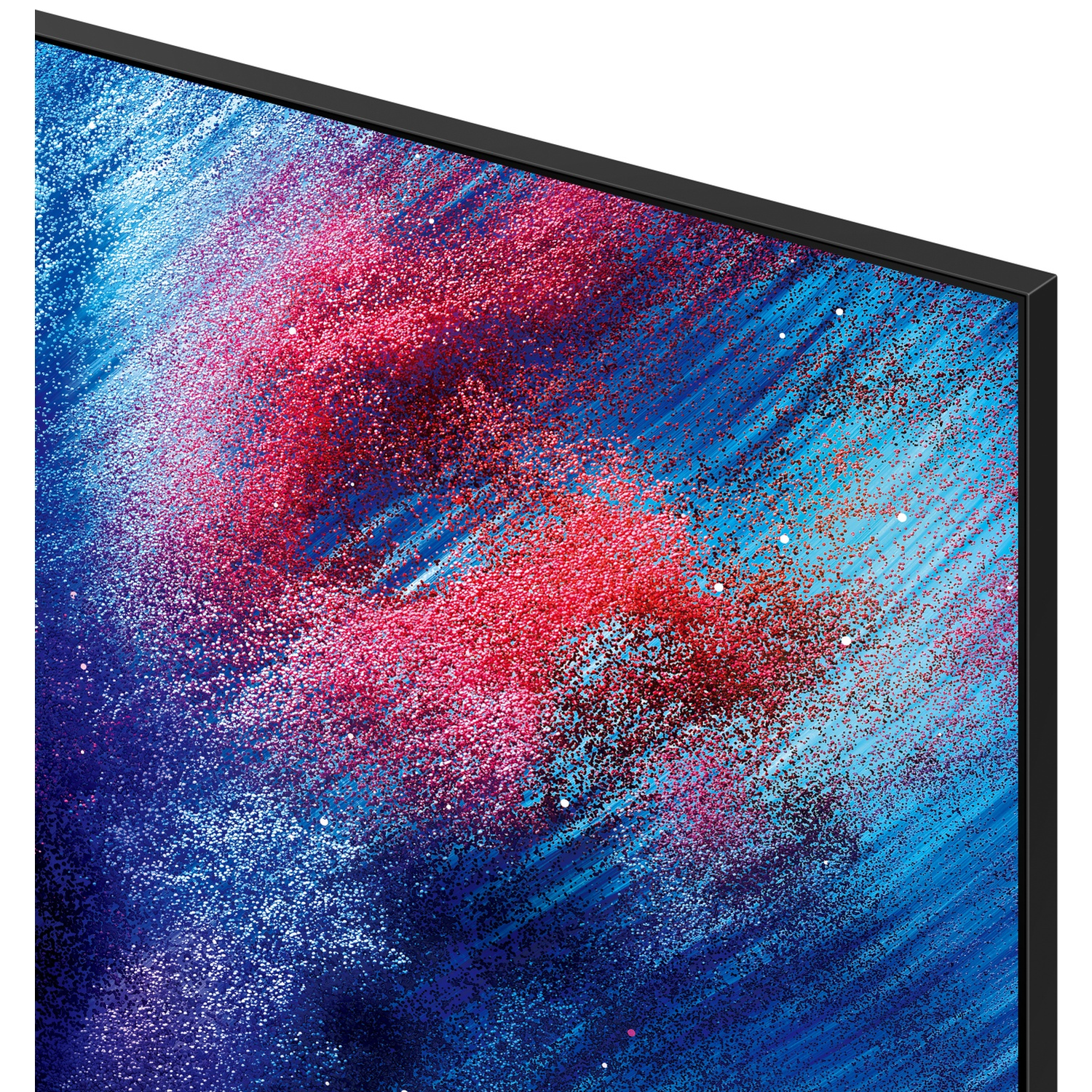 Abstract background with red and blue paint splatters on a blue base.