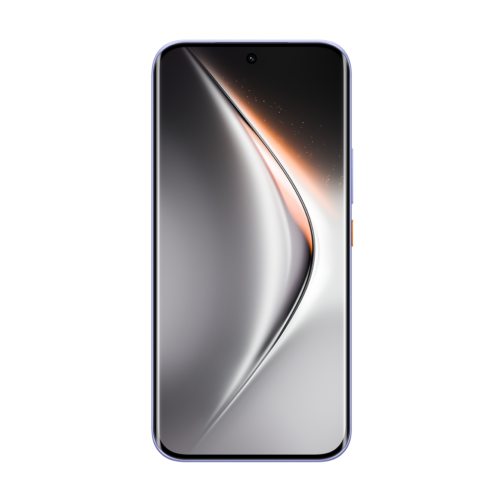 Ekranında soyut gümüş ve turuncu duvar kağıdı bulunan, mor çerçeveli modern bir akıllı telefon.