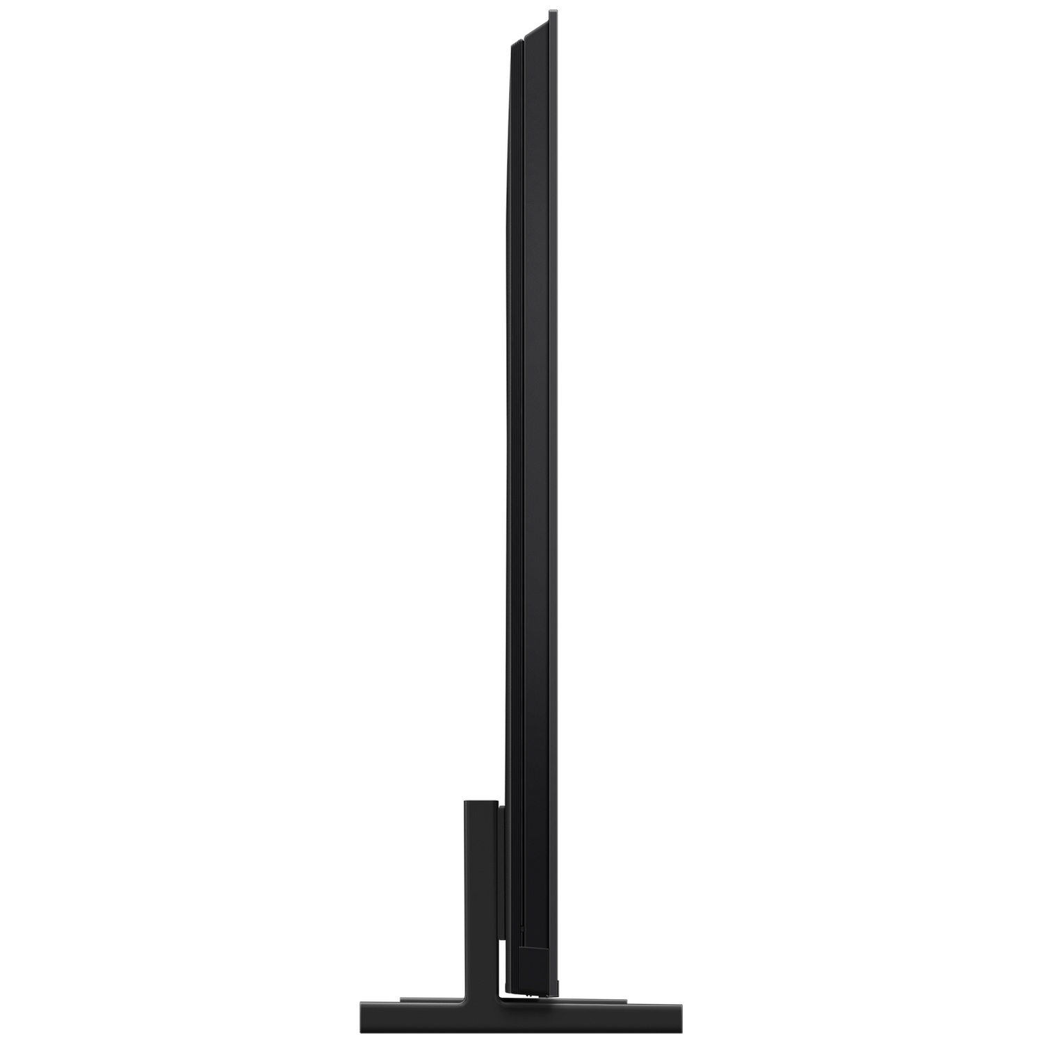 A slim black television set stands on a black stand against a white background.