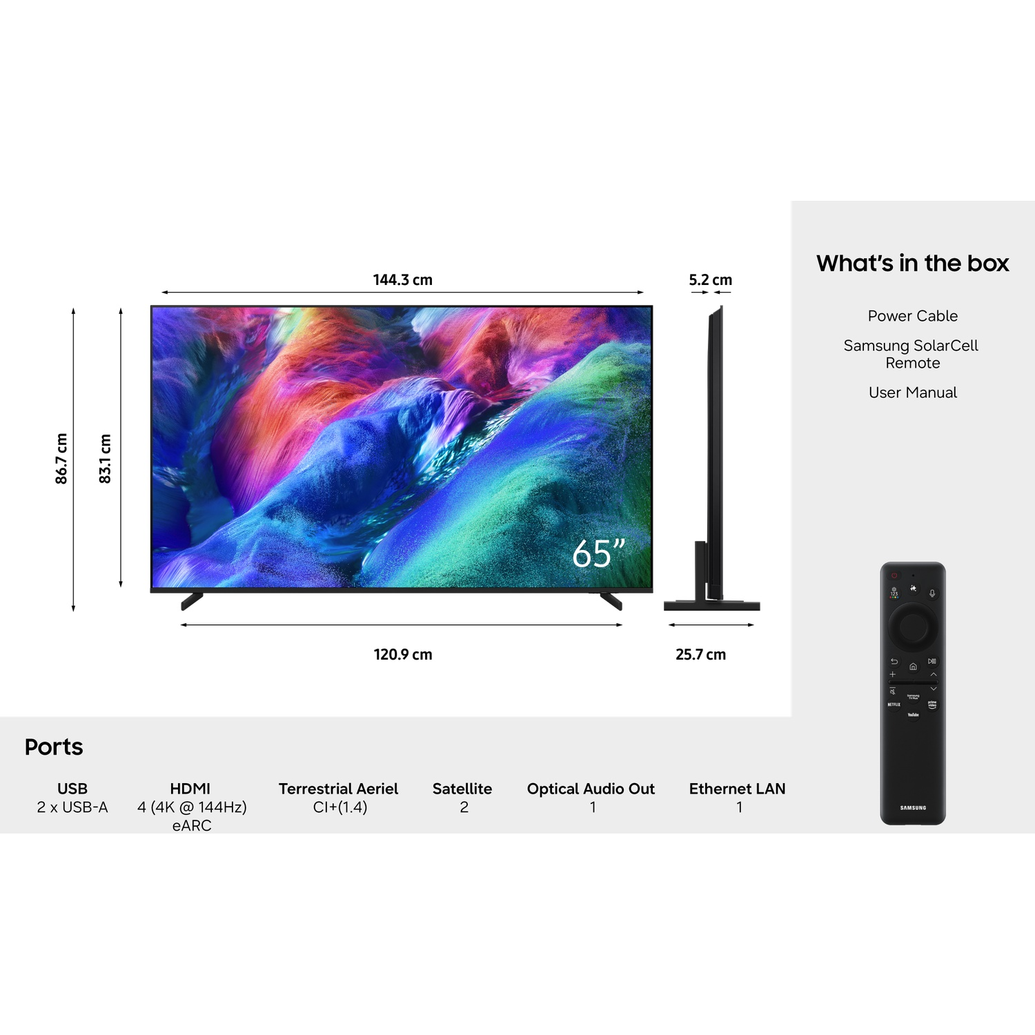 A 65-inch Samsung TV with ports and remote, showing dimensions.