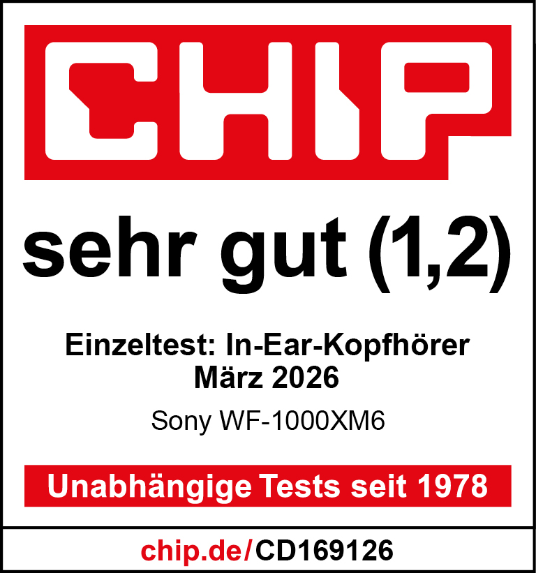 CHIP-Logo, "sehr gut (1,2)", Test von Sony WF-1000XM6 Kopfhörern.