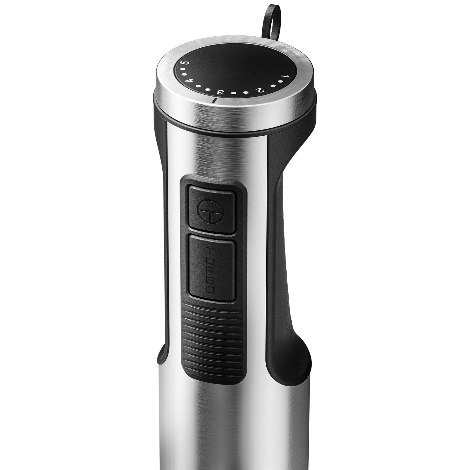 Silver immersion blender with black buttons and speed dial from 1 to 5.