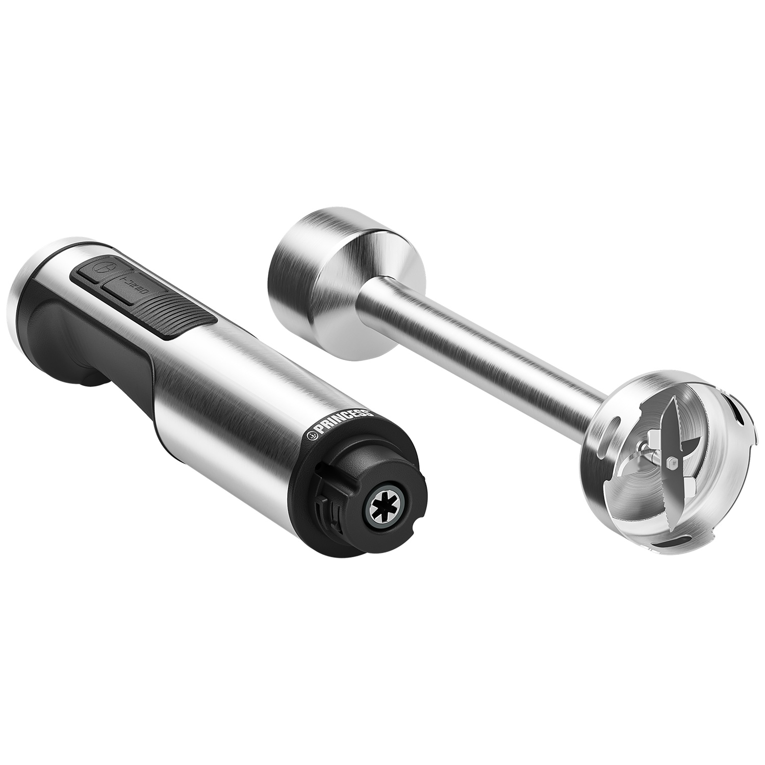 A stainless steel hand blender with a black handle and a detachable blending attachment.