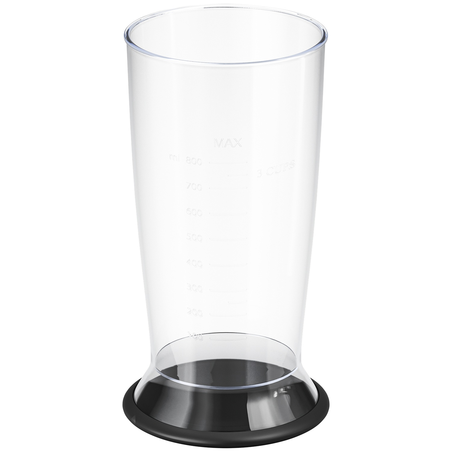 A clear measuring cup with a black base and markings for ml and cups.