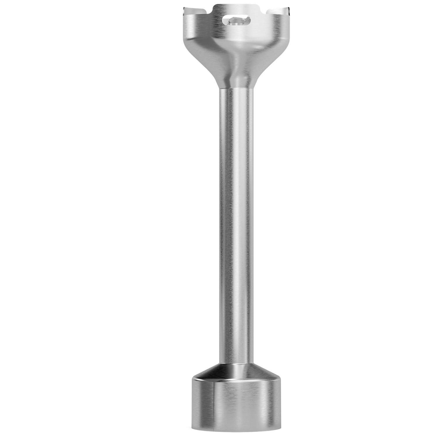 Silver immersion blender foot with blades visible at the top.