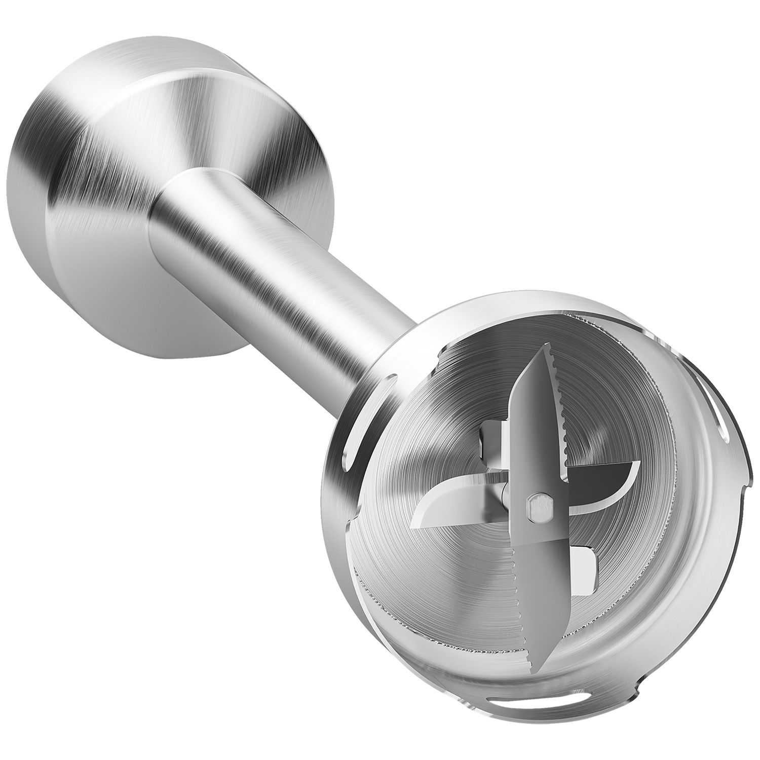 Close-up of a silver immersion blender attachment with four blades.