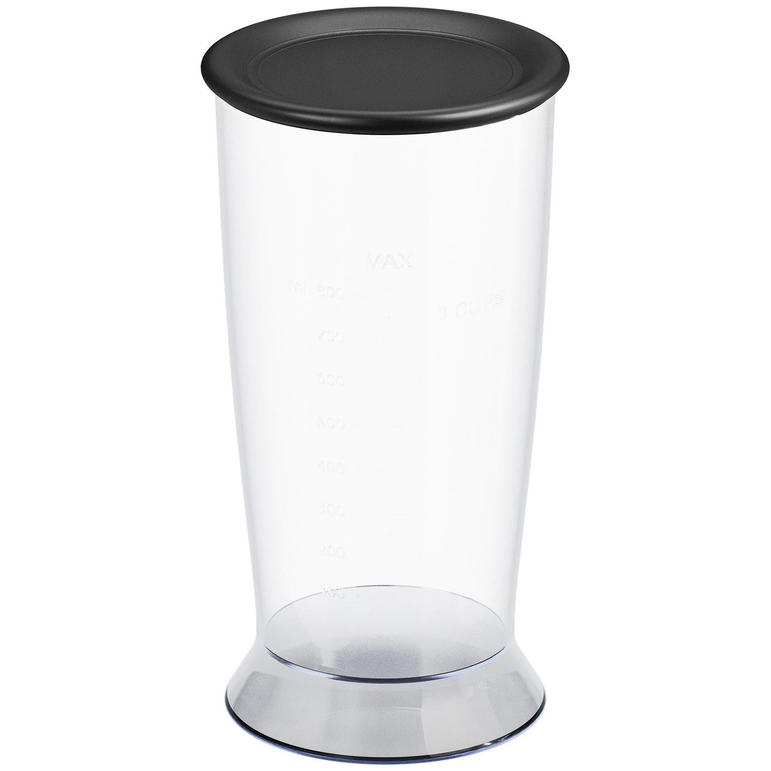 A clear measuring cup with a black lid and ml markings.
