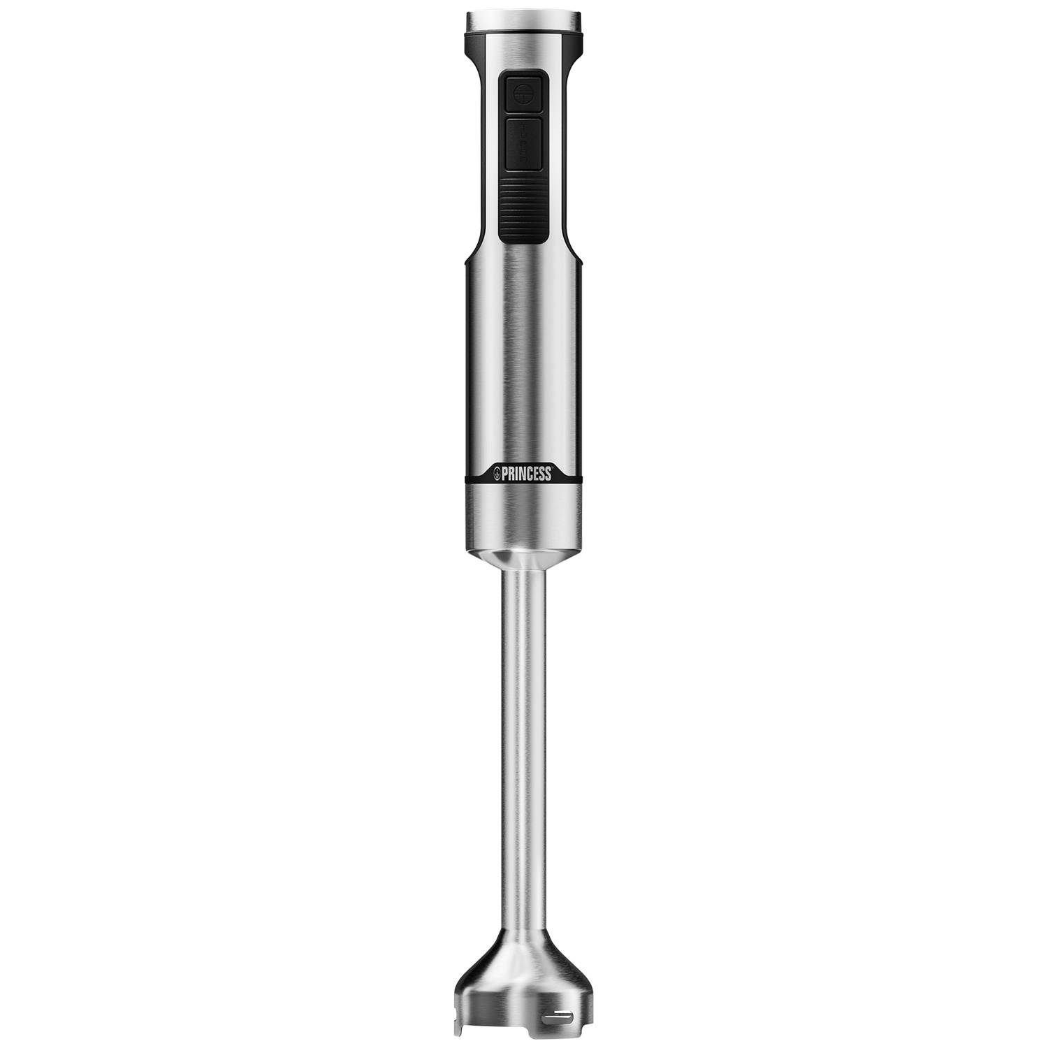 A silver immersion blender with a black button and silver shaft.