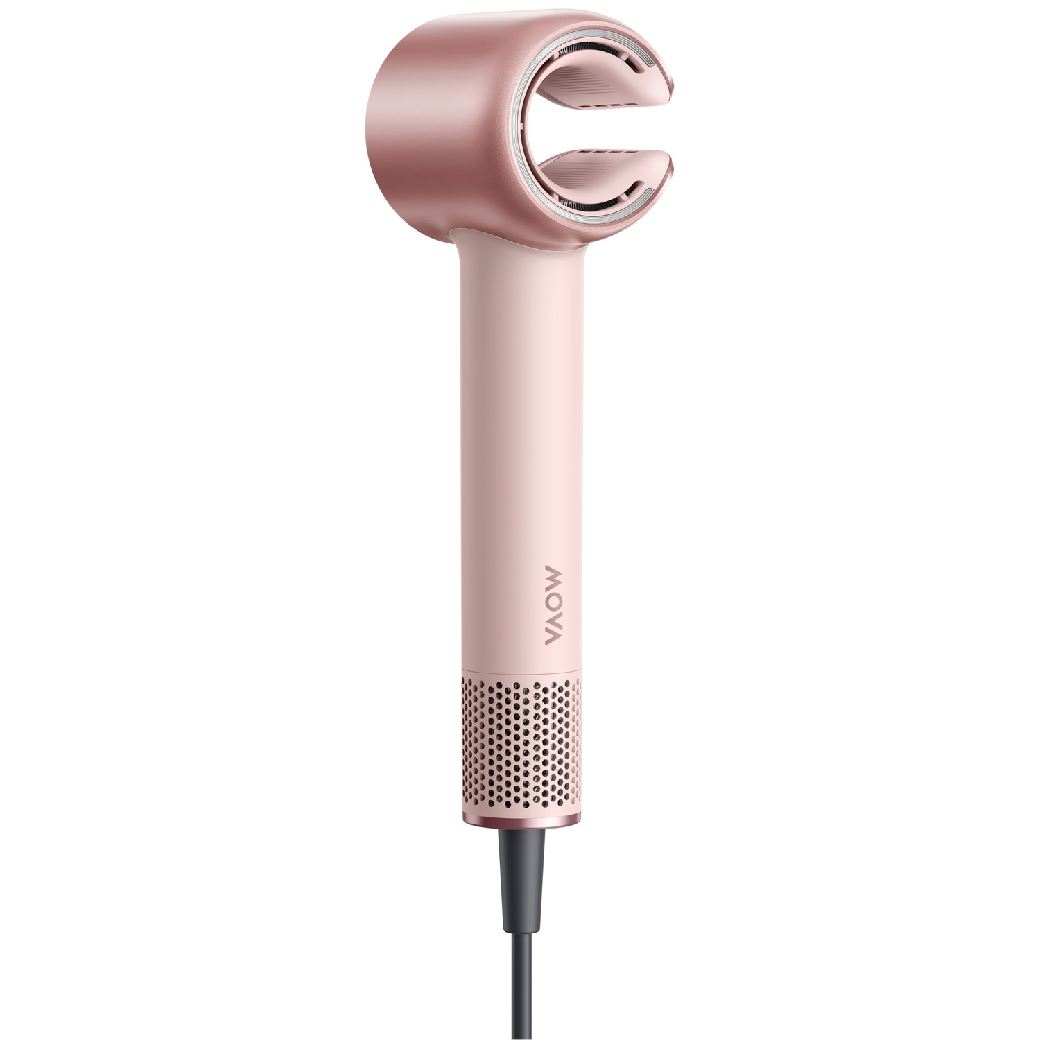 Een roségouden haardroger met ergonomische handgreep en ventilatieopeningen.