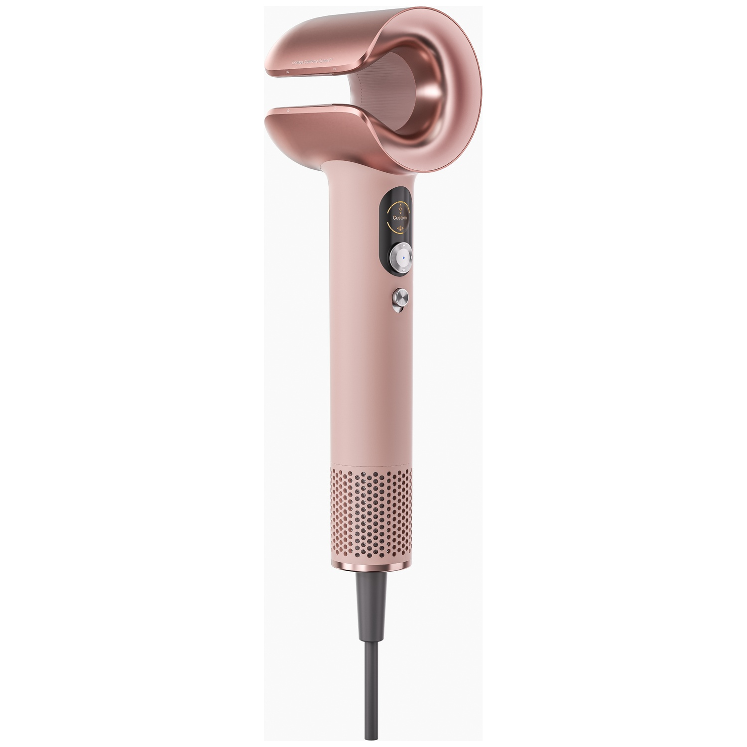 Een roségouden haardroger met een ronde kop en een geperforeerd handvat.