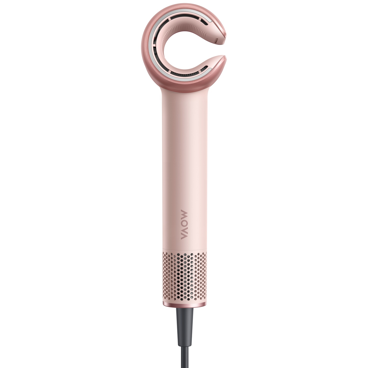 Een roze haardroger met een C-vormige kop en ventilatieopeningen.