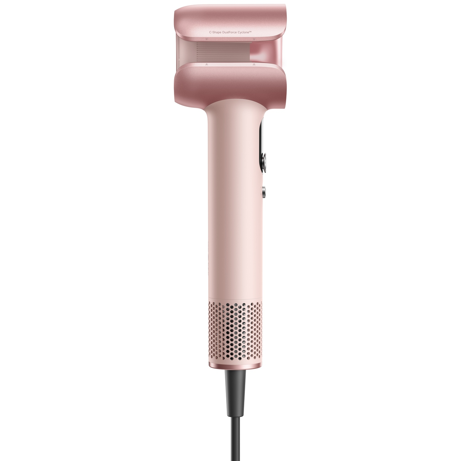 Een roségouden haardroger met een C-vormige kop en geperforeerd handvat.