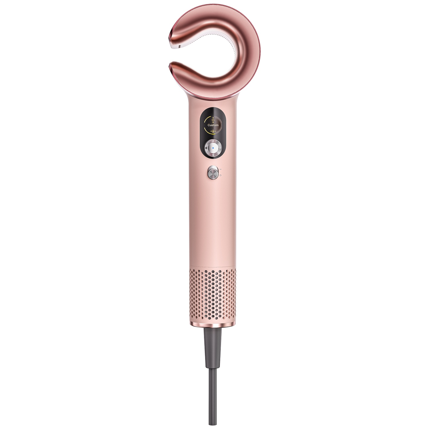 Roségouden haardroger met een ronde mond en digitale bedieningselementen op het handvat.