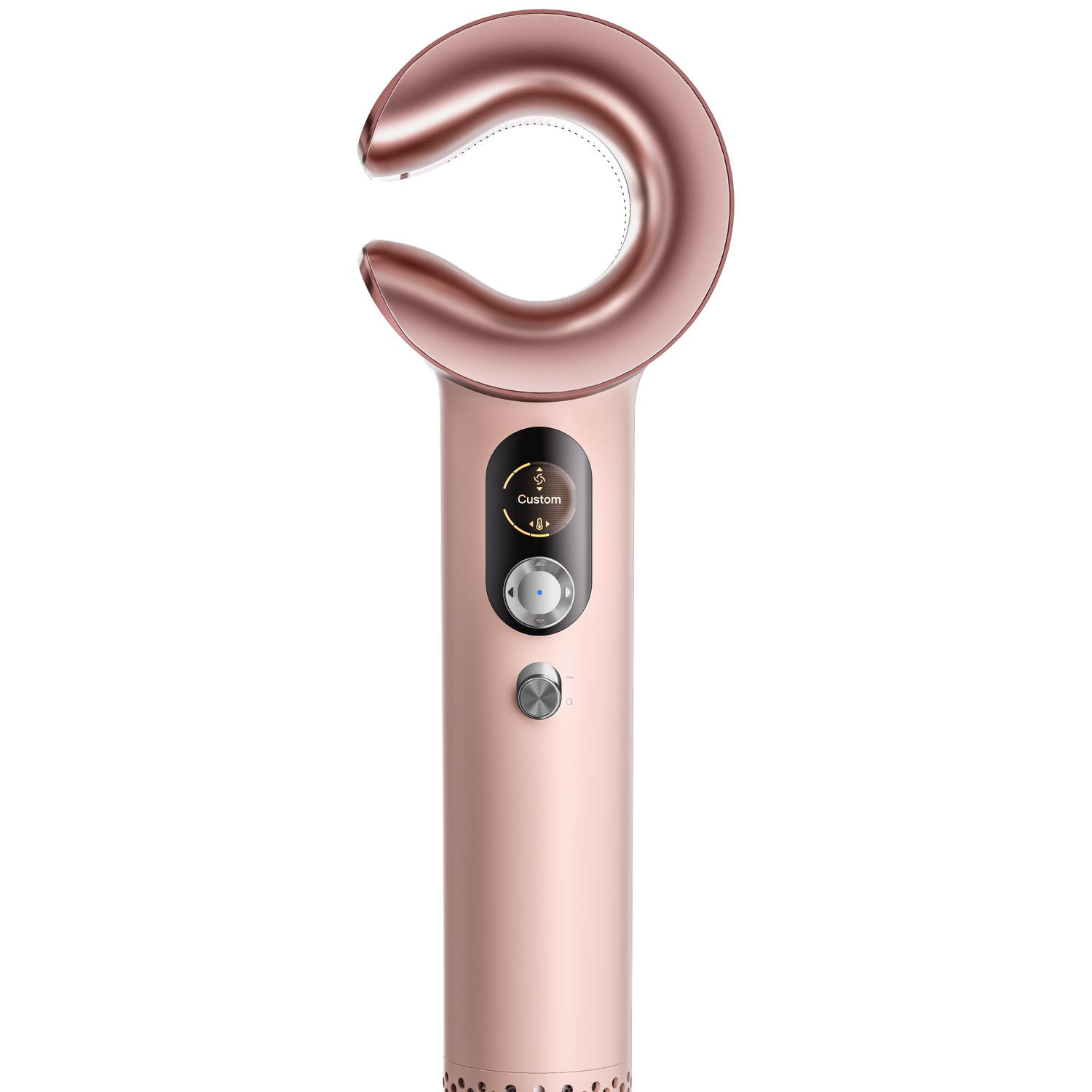 Een roségouden haardroger met een ronde kop en een digitaal scherm.