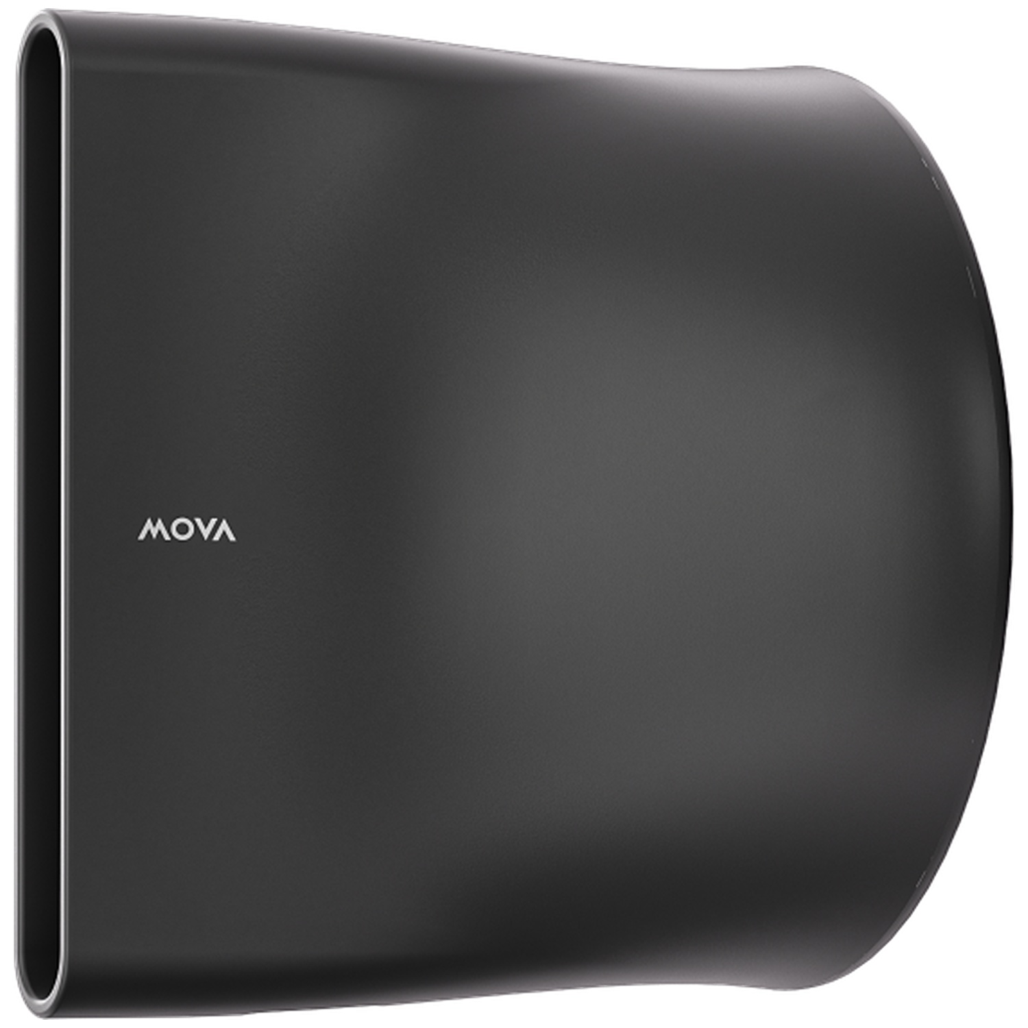 Een zwarte, gladde föhn diffuser, aan één kant open, met MOVA logo.