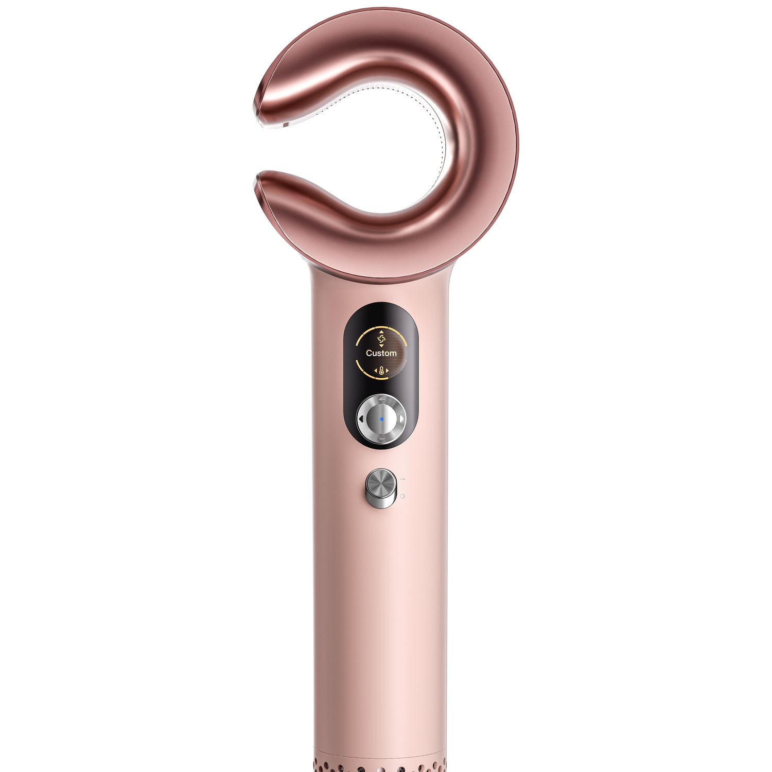 Een roze goud gezichtstoneerapparaat met gebogen kop en digitaal display.