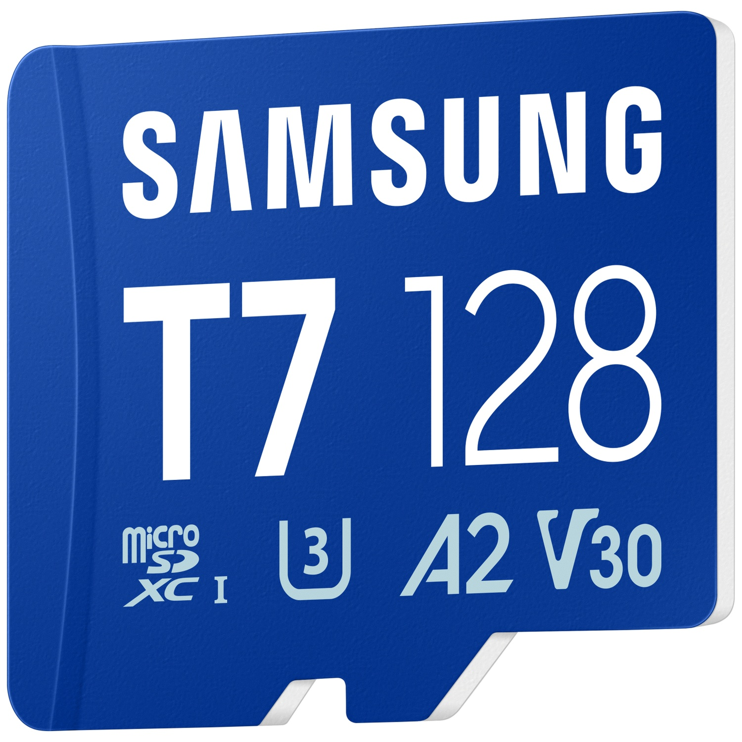 Blauwe MicroSDXC-kaart met Samsung T7 128GB, A2, V30 opschrift.