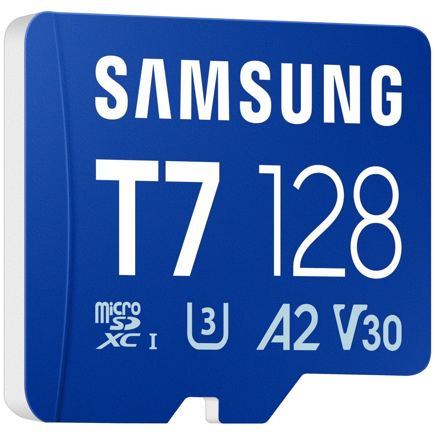 Blauwe Samsung 128GB microSDXC-kaart met T7-opschrift en A2 V30-snelheid.