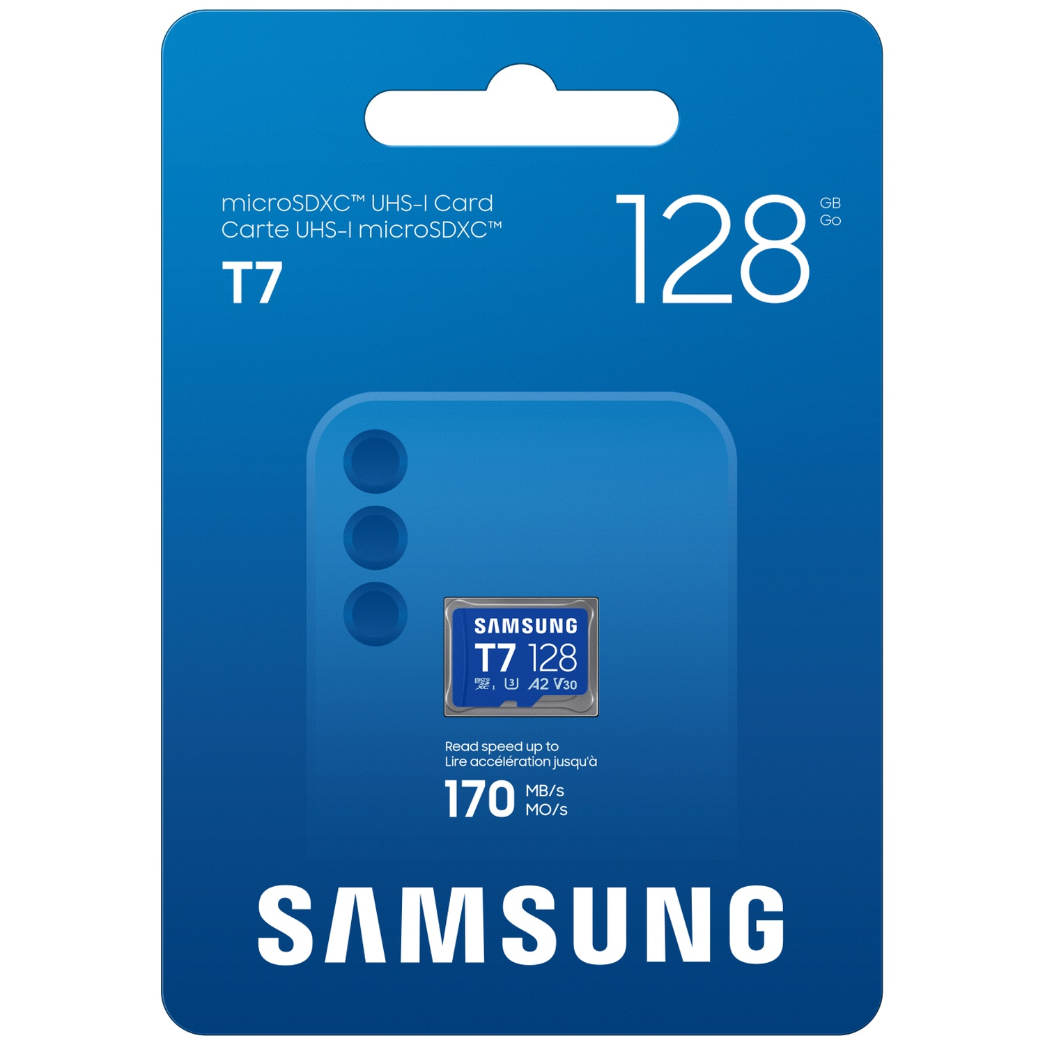 Samsung 128 GB microSDXC kaart T7 met 170 MB/s leessnelheid op blauwe verpakking.