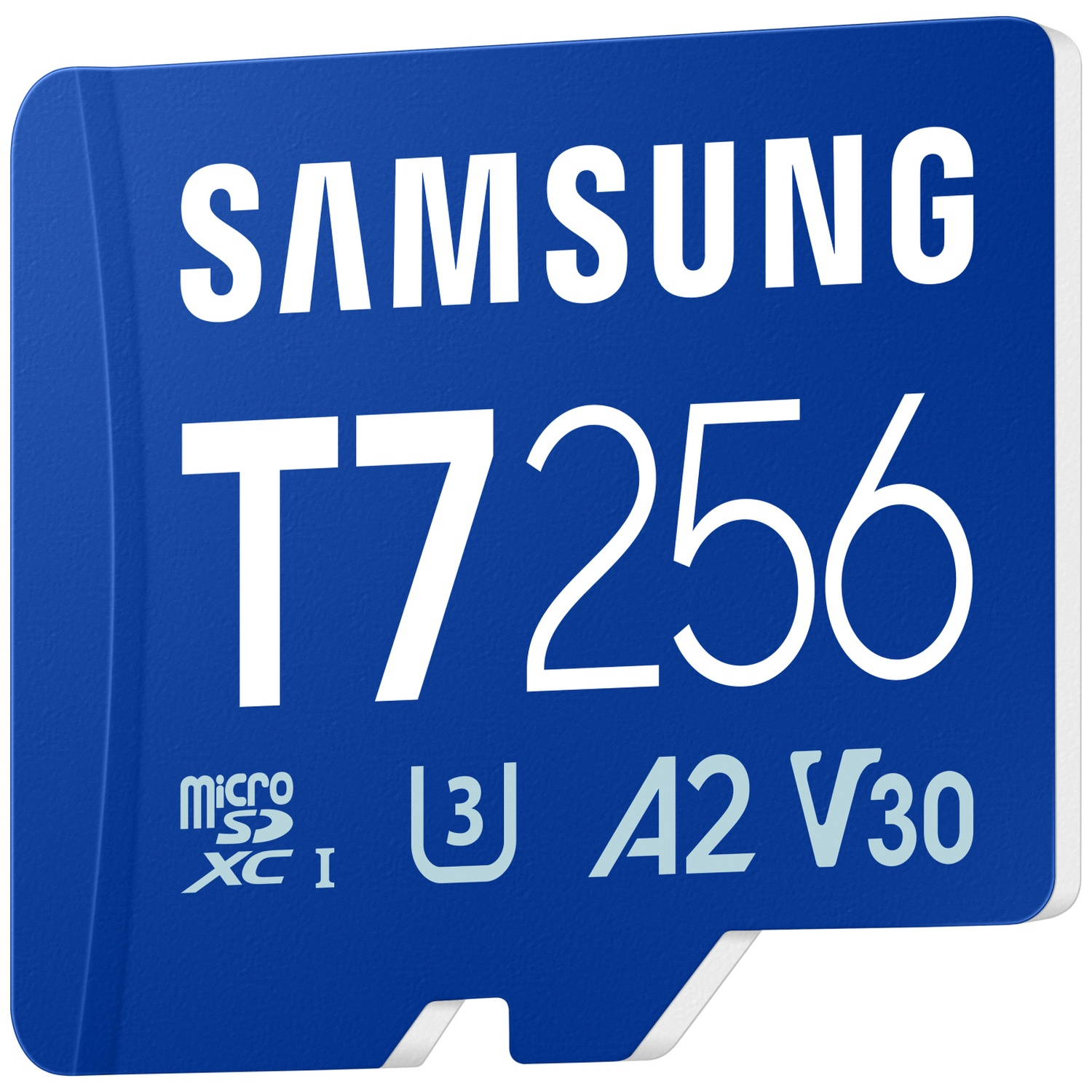 Een blauwe Samsung T7 256GB MicroSDXC kaart met witte letters.