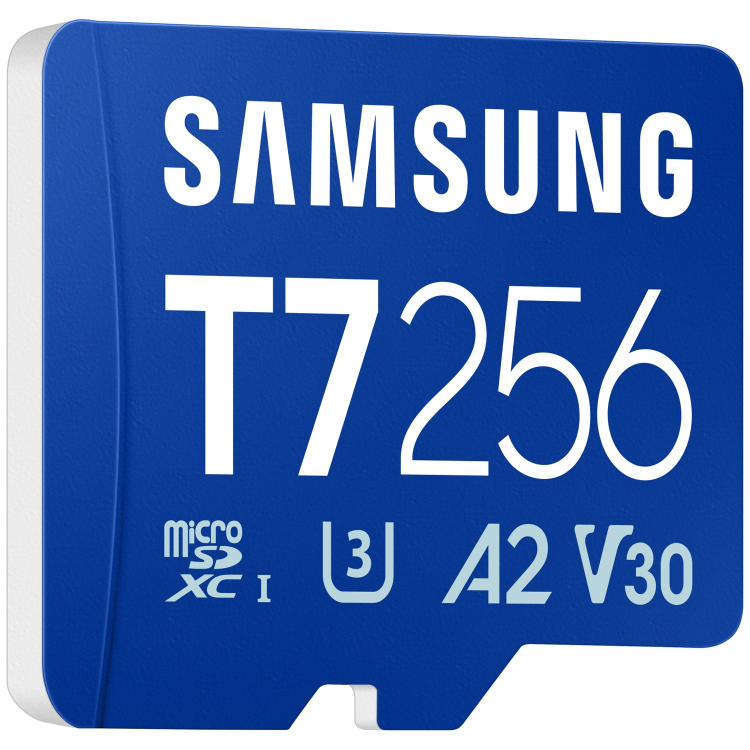 Een blauwe Samsung T7 256 microSD-kaart met specificaties.