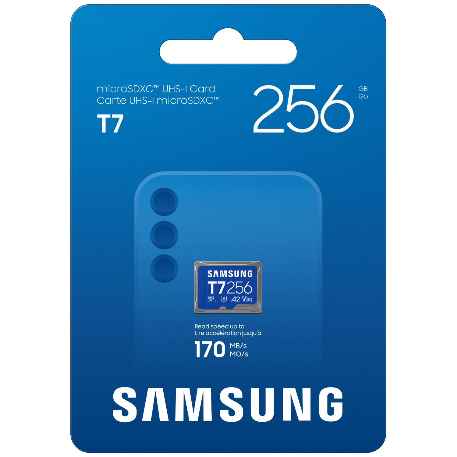 Samsung 256GB T7 microSDXC UHS-I kaart met leessnelheid tot 170 MB/s.